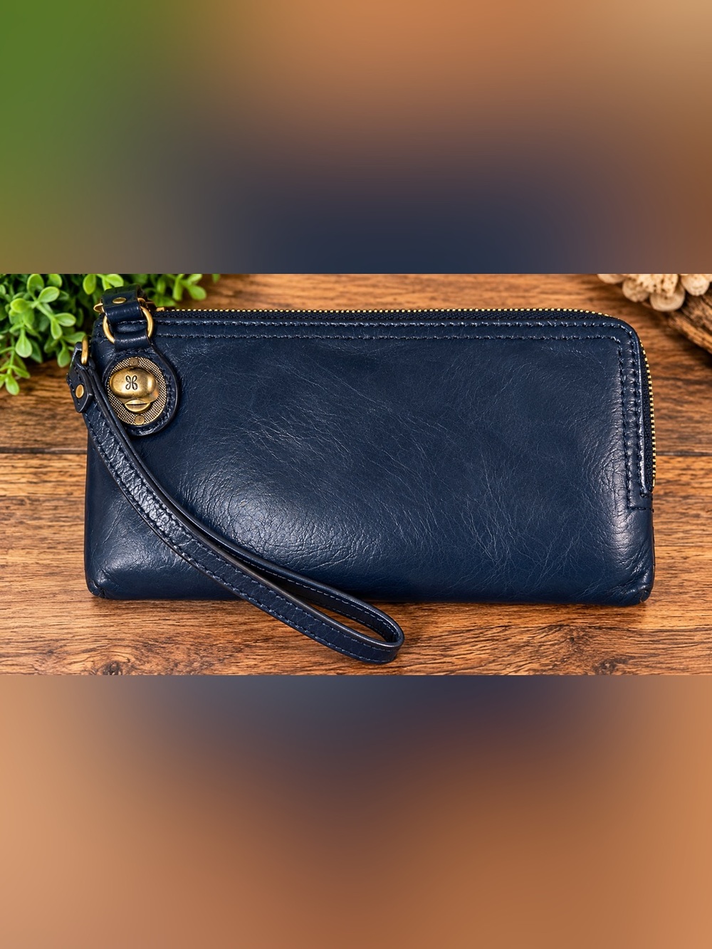 HOBO International Navy Blue Leather Zip-Around Wristlet Wallet